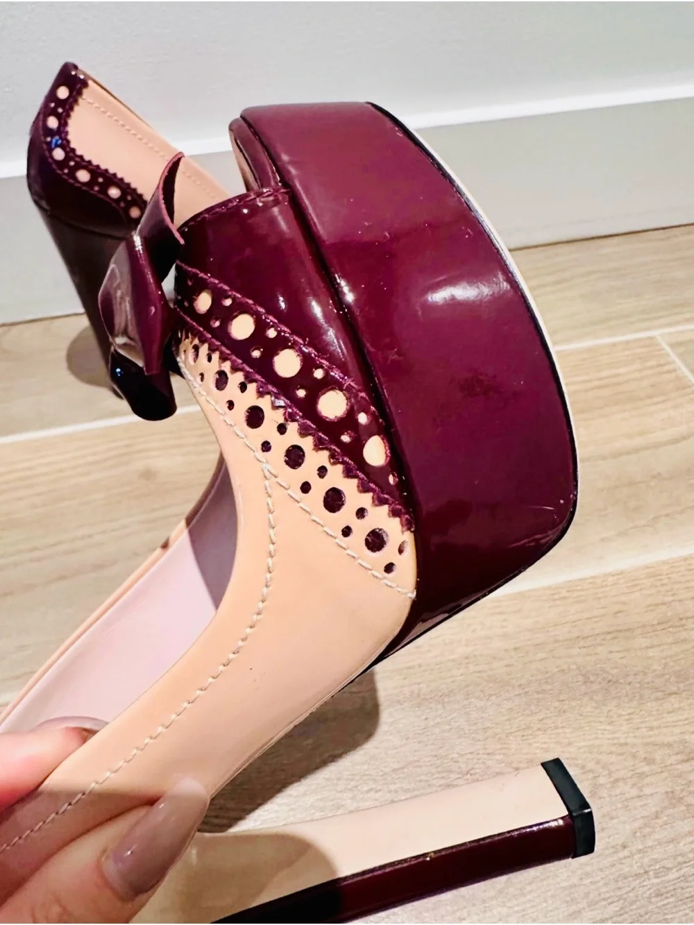 Miu Miu Two-Tone Pink and Burgundy Peep-Toe Bow Pumps - Picture 4 of 5